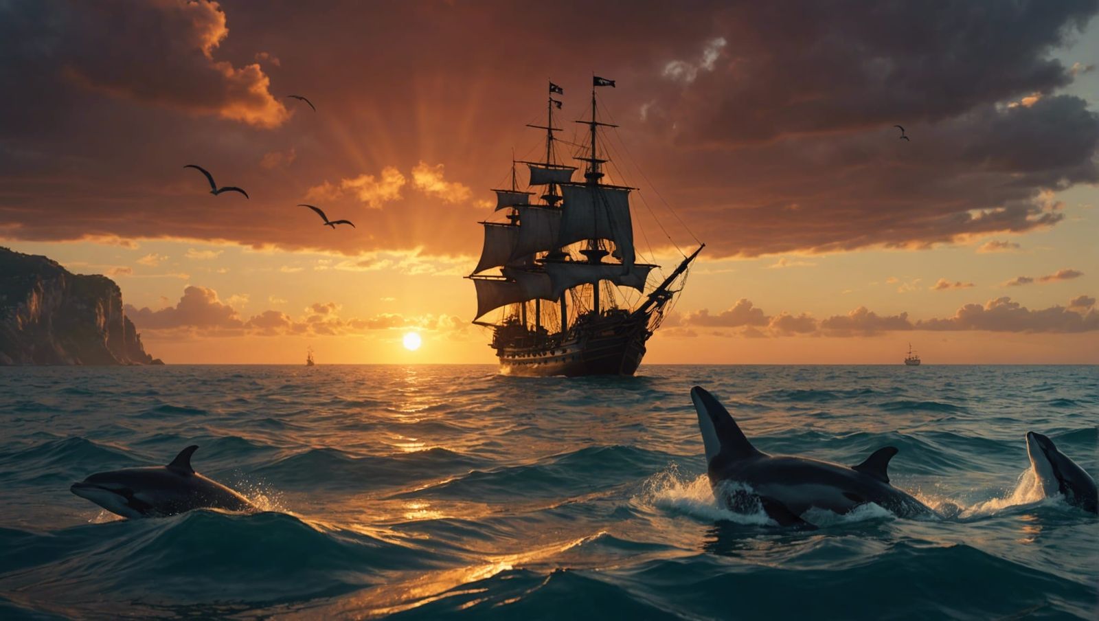 Golden Sunset: Dolphins and Whales near Pirate Ship