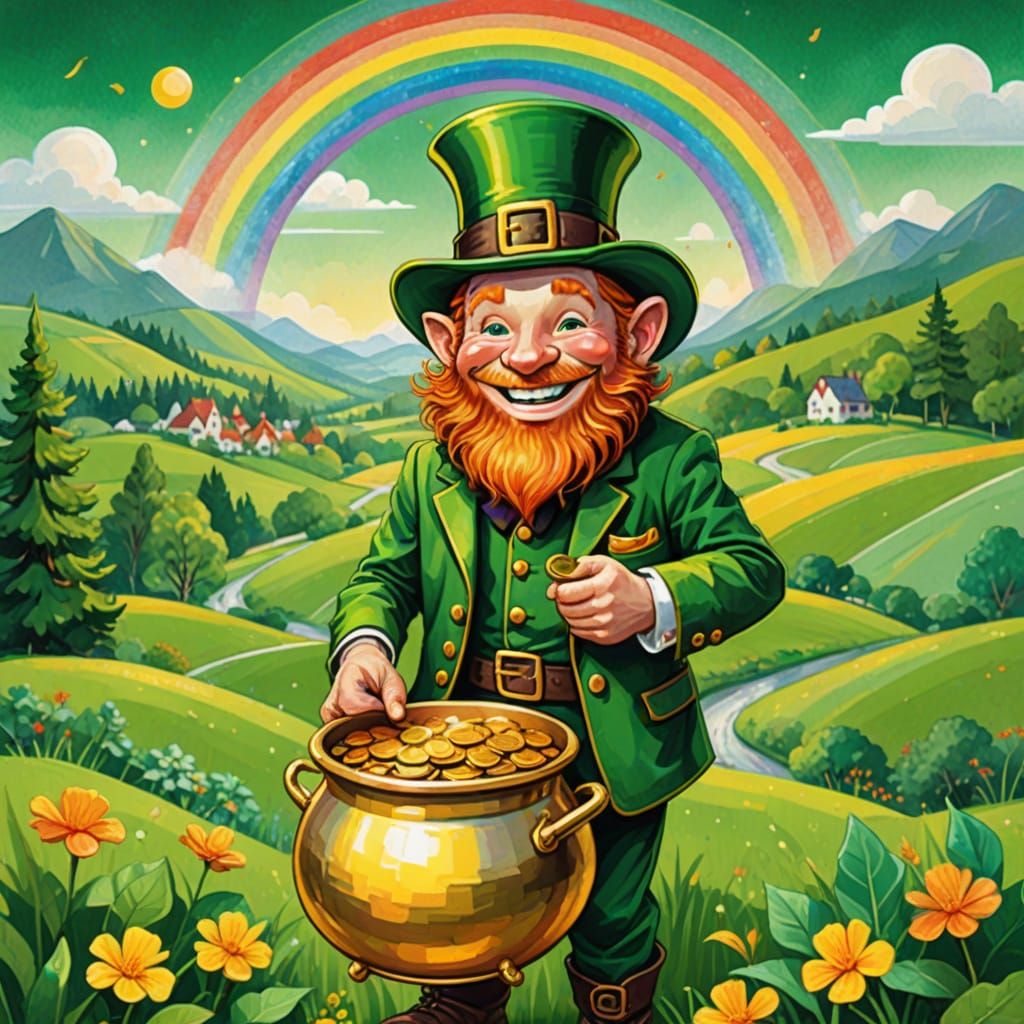 Whimsical Leprechaun Landscape in Emerald Hues