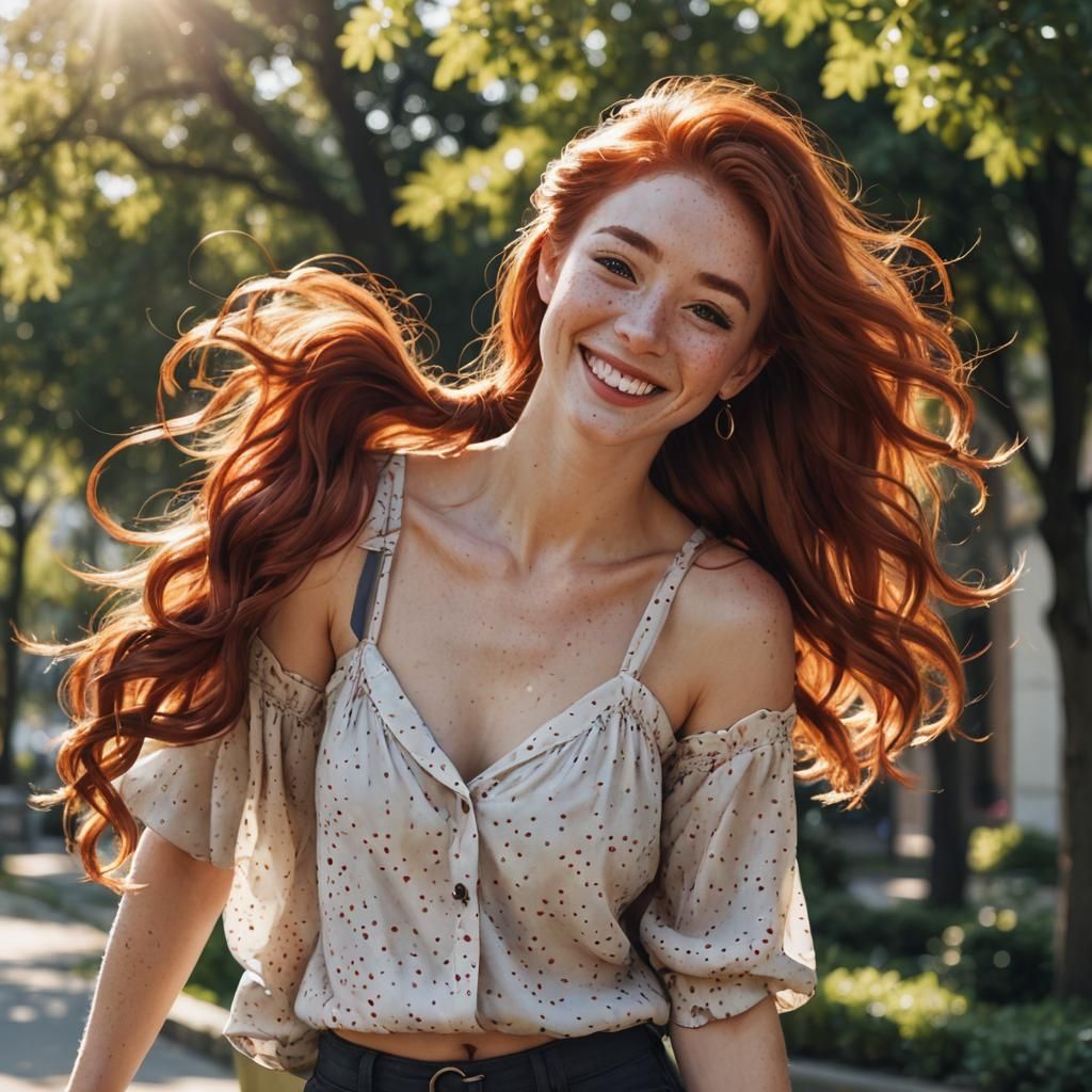 Happy Redhead with Wavy Hair in Sunlight