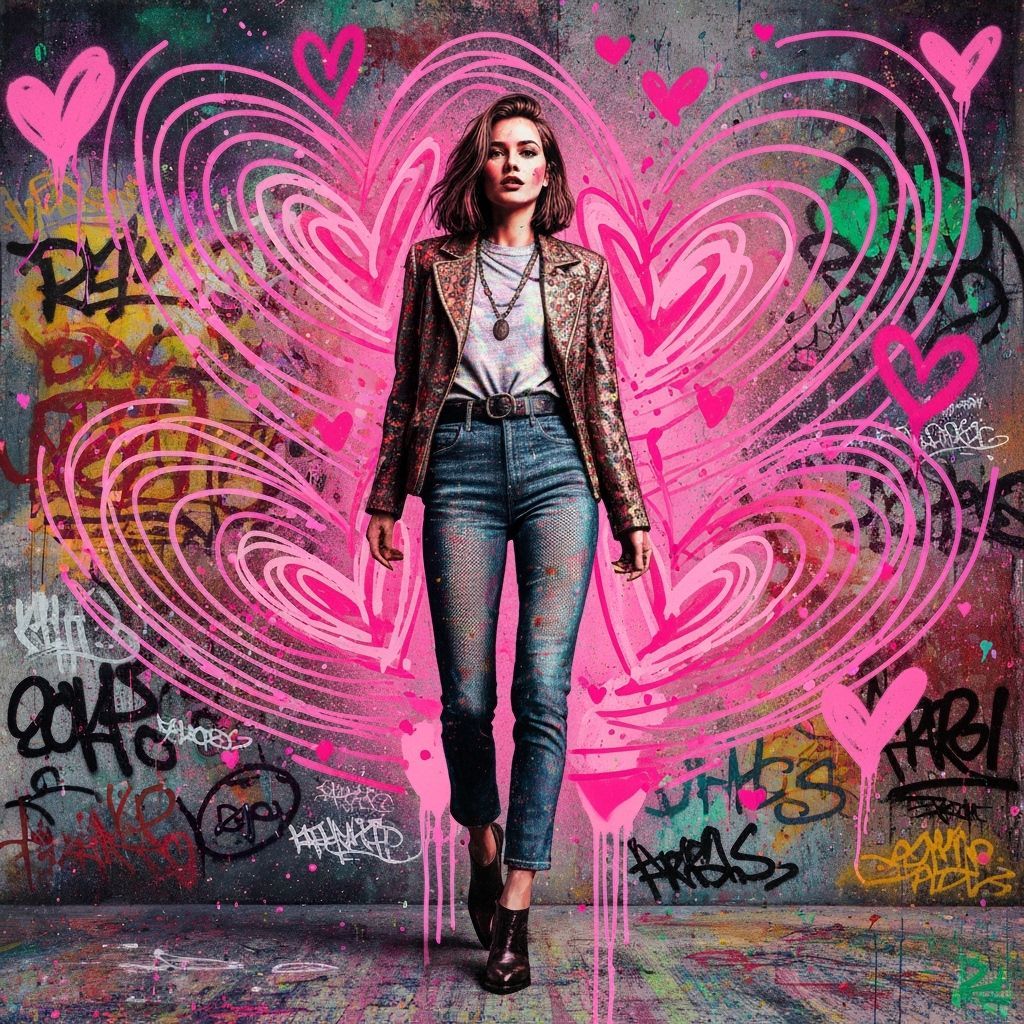 Vibrant Woman Surrounded by Pink Hearts