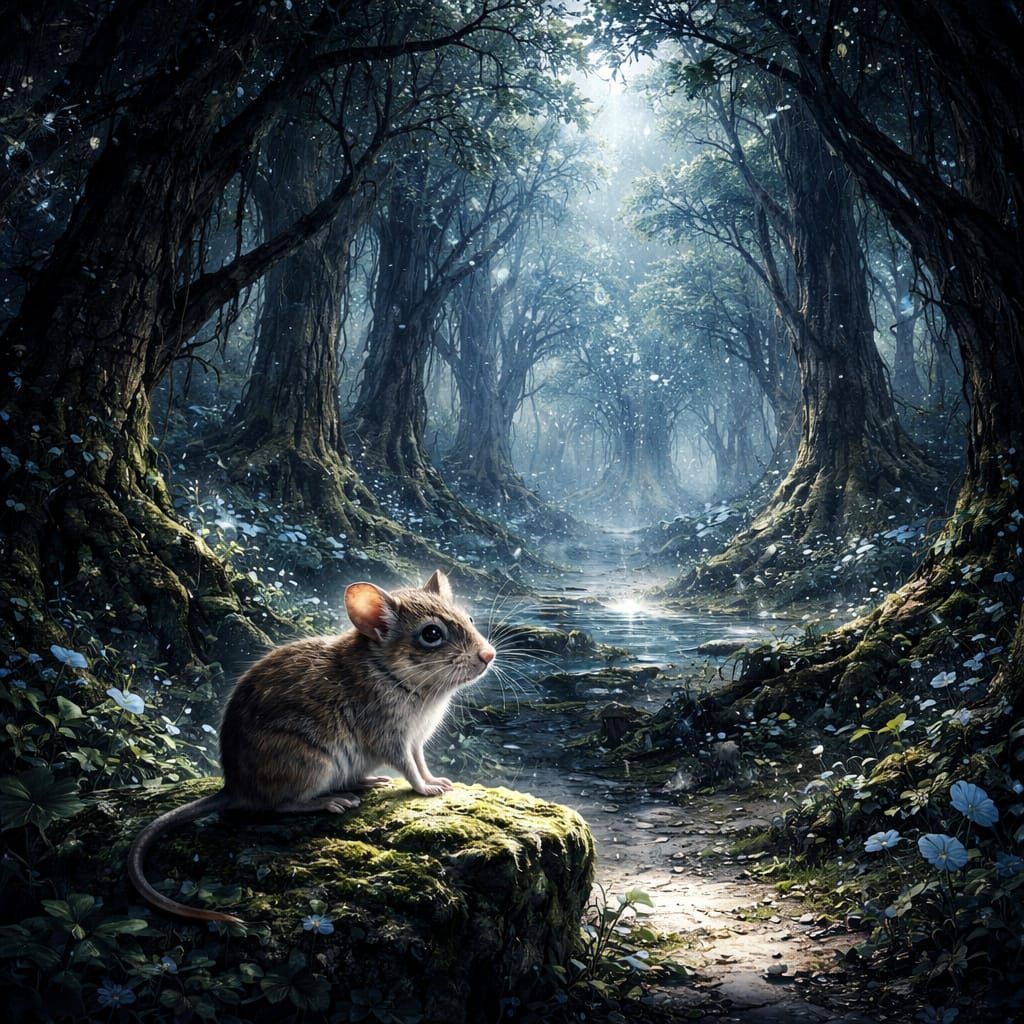 A mystical forest clearing bathed in ethereal moonlight, with ancient trees forming a natural cathedral. A lone, intrica...