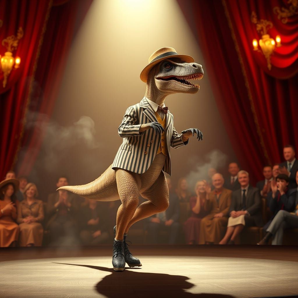 Tap Dancing Velociraptor Takes Center Stage in Vintage Style