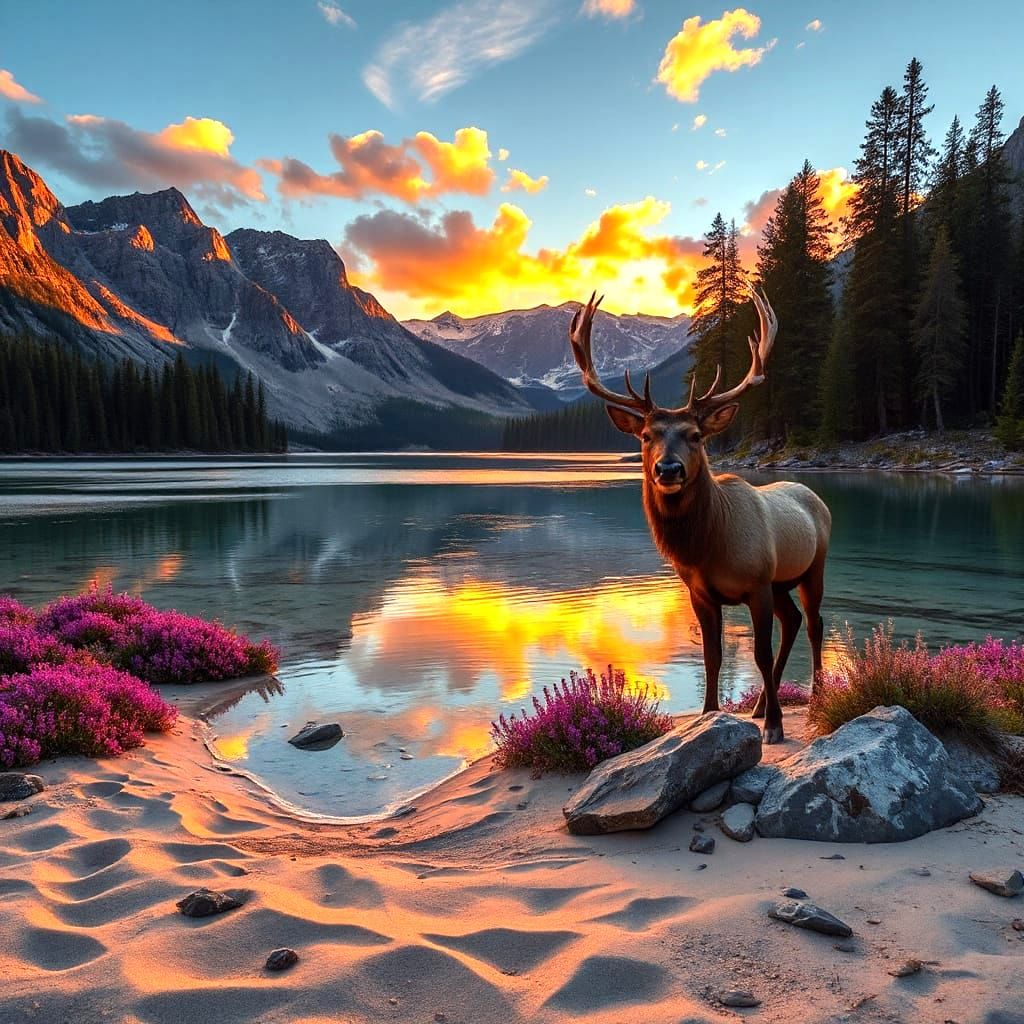 Majestic Elk by Crystal Lake at Sunset