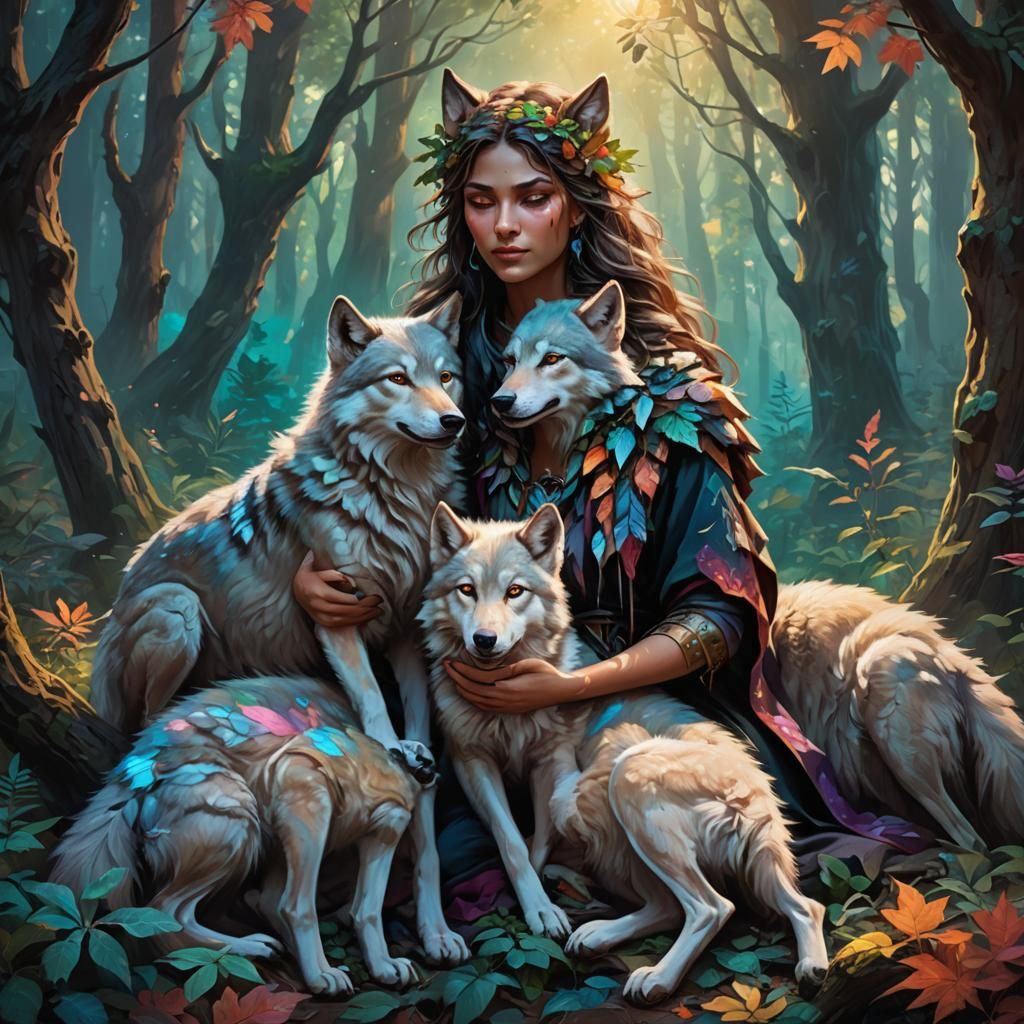 Wolf Woman and Pups in Mystical Forest