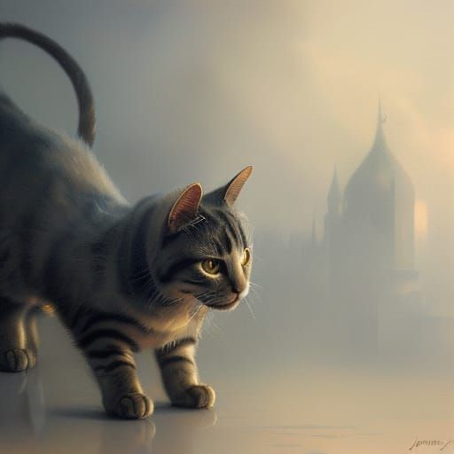 Sinister Cat in Mist, Oil Painting