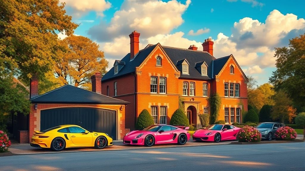 Grand Chateau with Supercar and Flower Garden in Golden Hour
