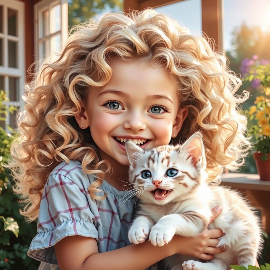 Little Girl Giggles with Kitten in Sunlit Setting