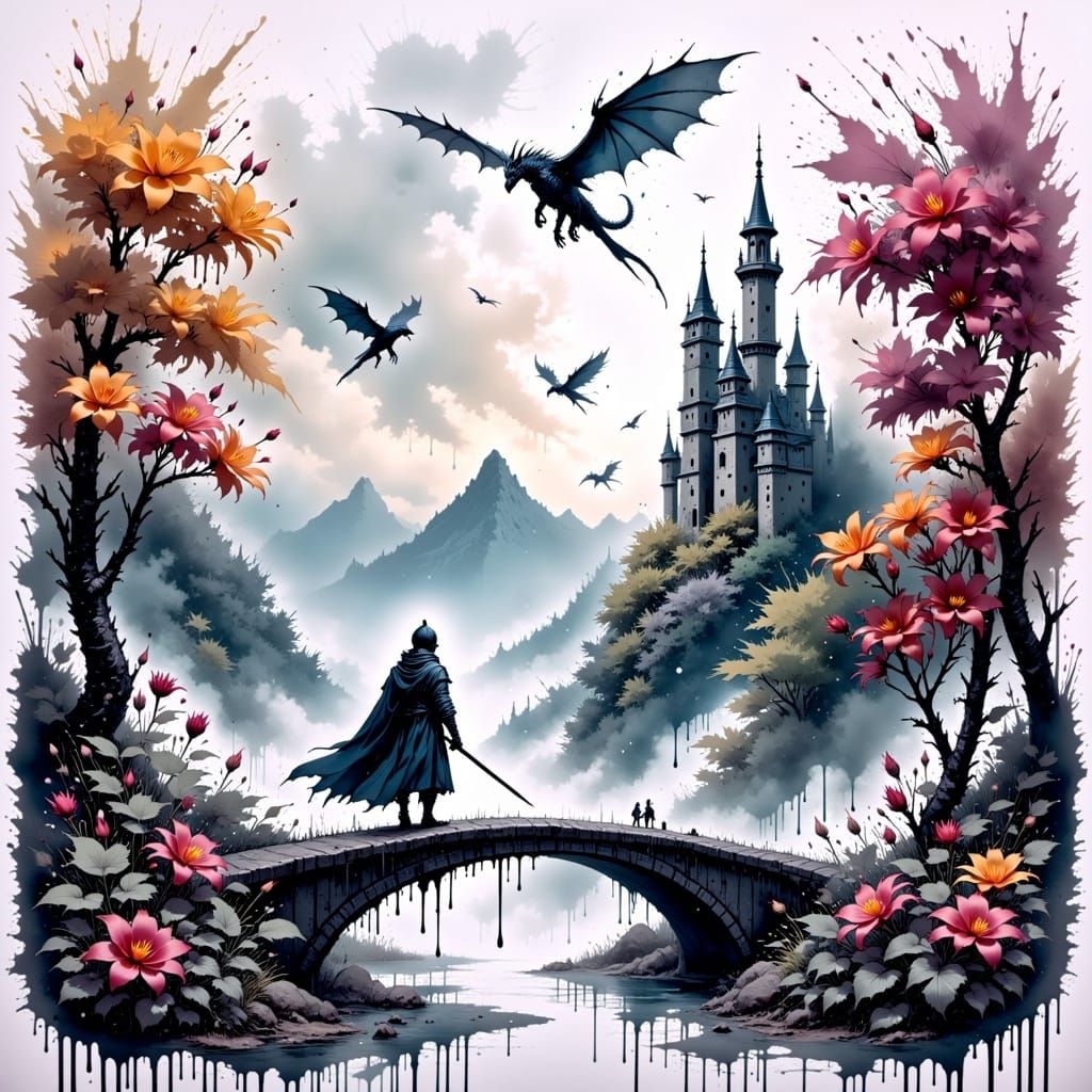 Knight on Bridge with Dragons, Ink Splatter Effect