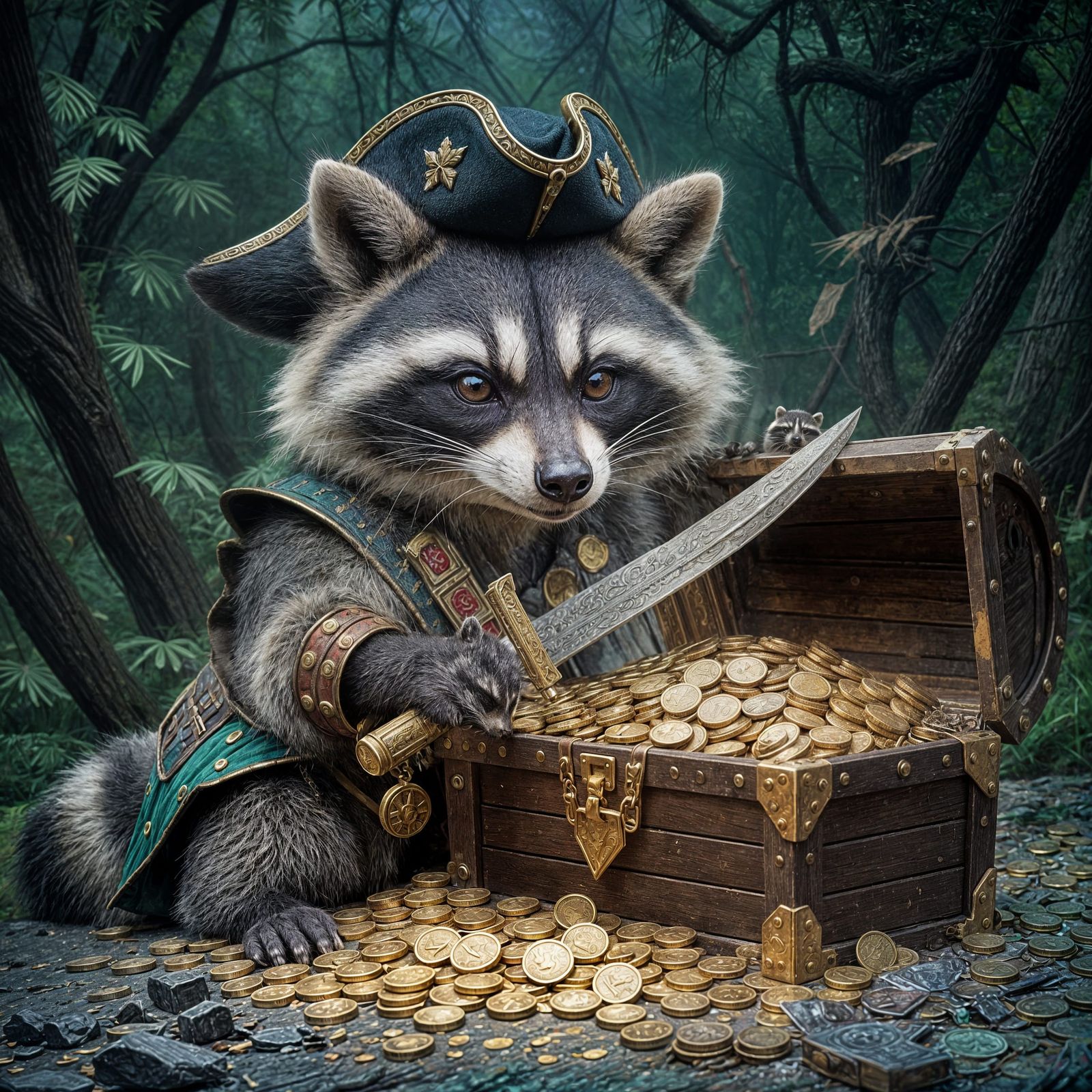 Pirate Raccoon Guarding Treasure Chest in Hyperrealism Style