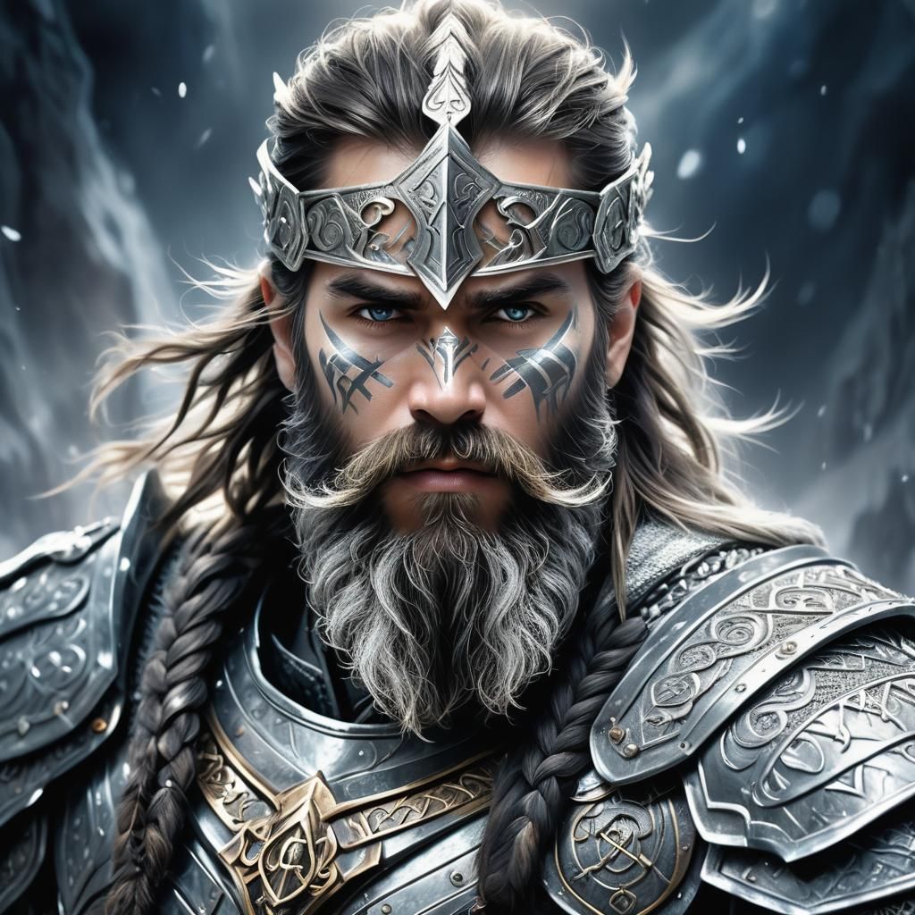 Mystical Runed Warrior in Dreamlike Landscape