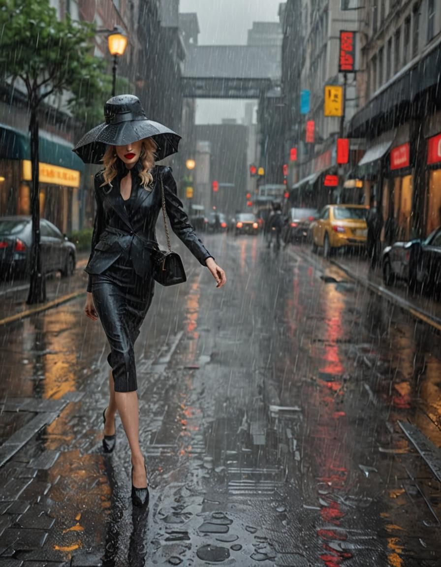 Glamorous Woman in Rain: Detailed Matte Painting