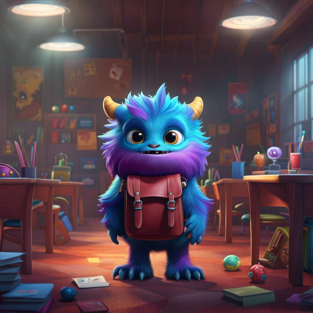 Cute Monster Student in Classroom: Detailed Fantasy Art