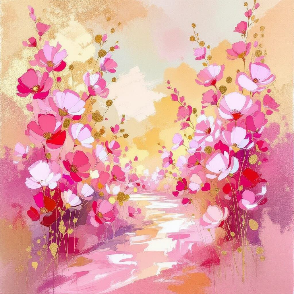 Abstract Enamel Painting in Pink and Gold Hues