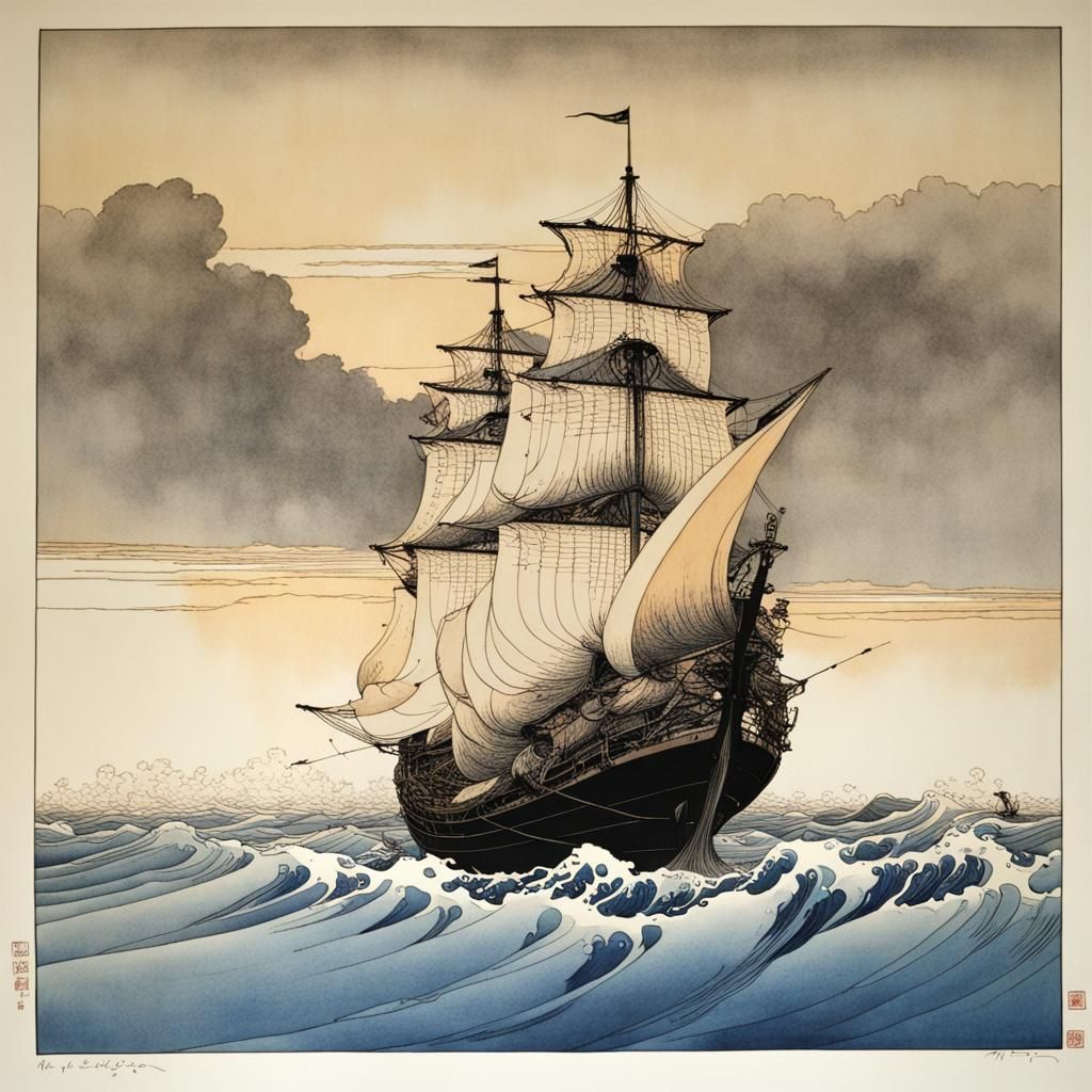 Ship in Hokusai and Moebius Style