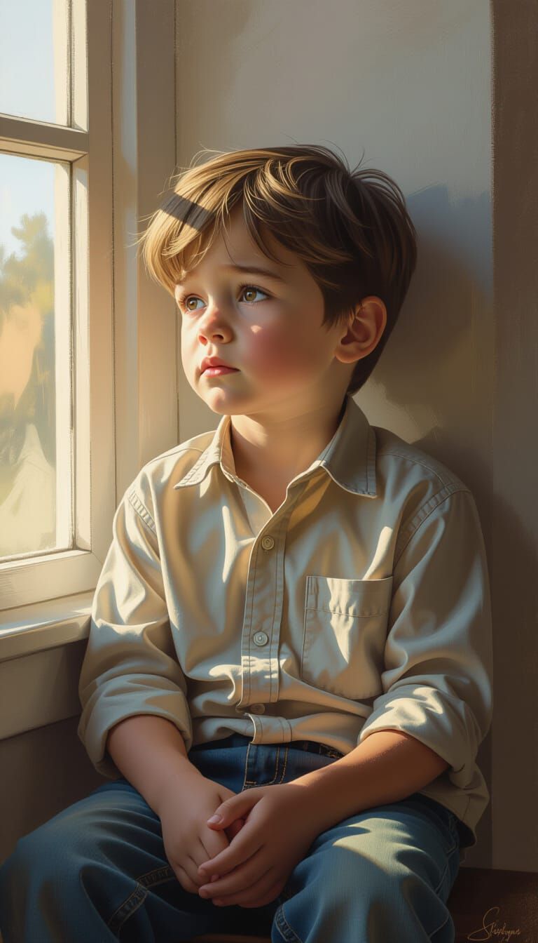 Boy by Window with Sad Eyes, Matte Painting Style