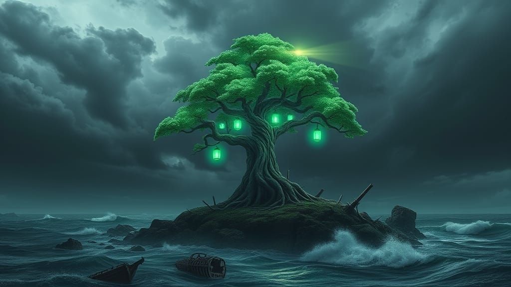 Ethereal Emerald Lighthouse on Windswept Coast