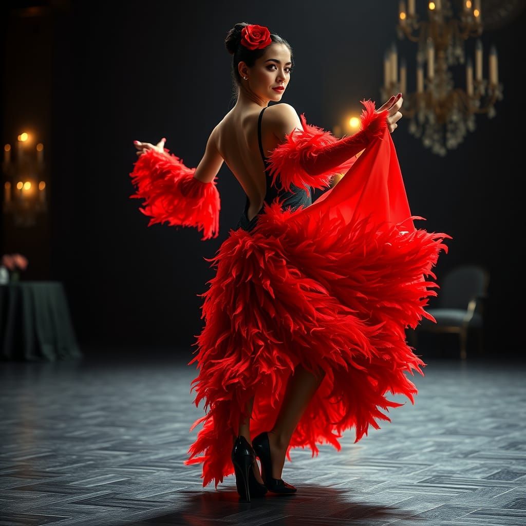 Passionate Flamenco Dancer in Red Feathered Gown
