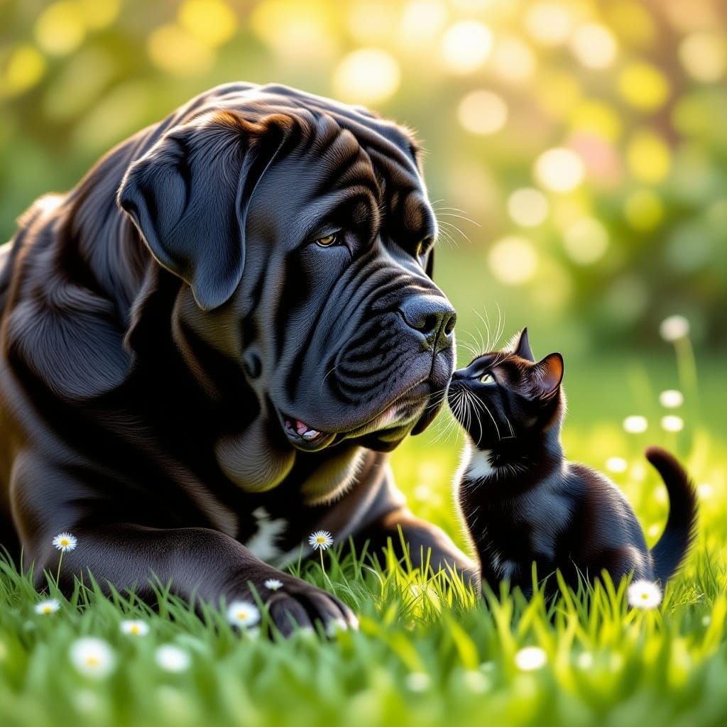 Neapolitan Mastiff Plays Gently With Black Cat in Garden