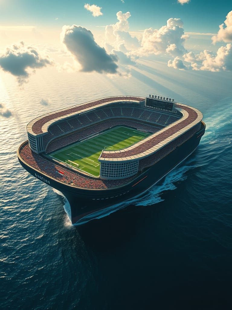 Colossal Football Stadium Ship on Azure Ocean