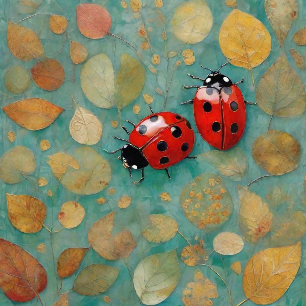Autumn Ladybugs in Klimt Style Mixed Media Illustration