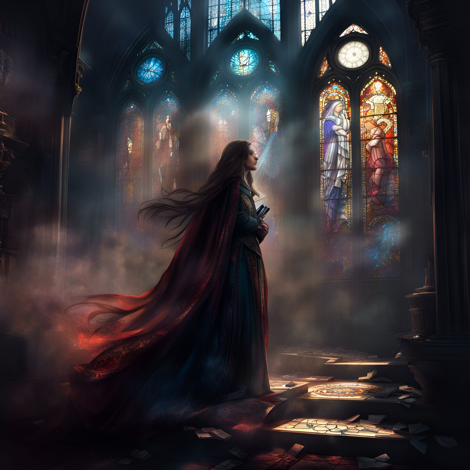 Stained Glass Apocalypse: Falling Figure in Smoke