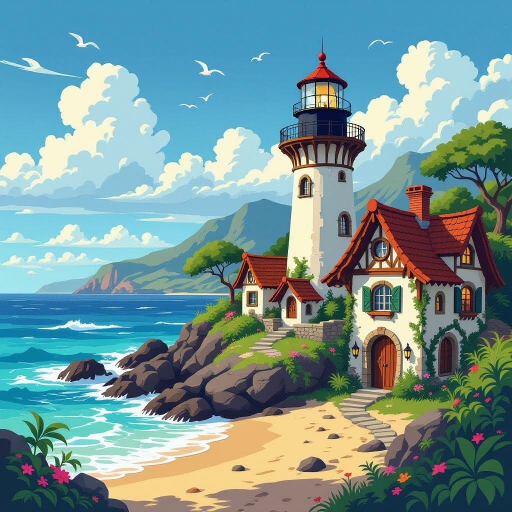 Surreal Coastal Lighthouse Amidst Tropical Whimsy