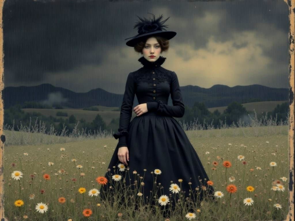 Goth Girl in Antique Frame, Watercolor Style