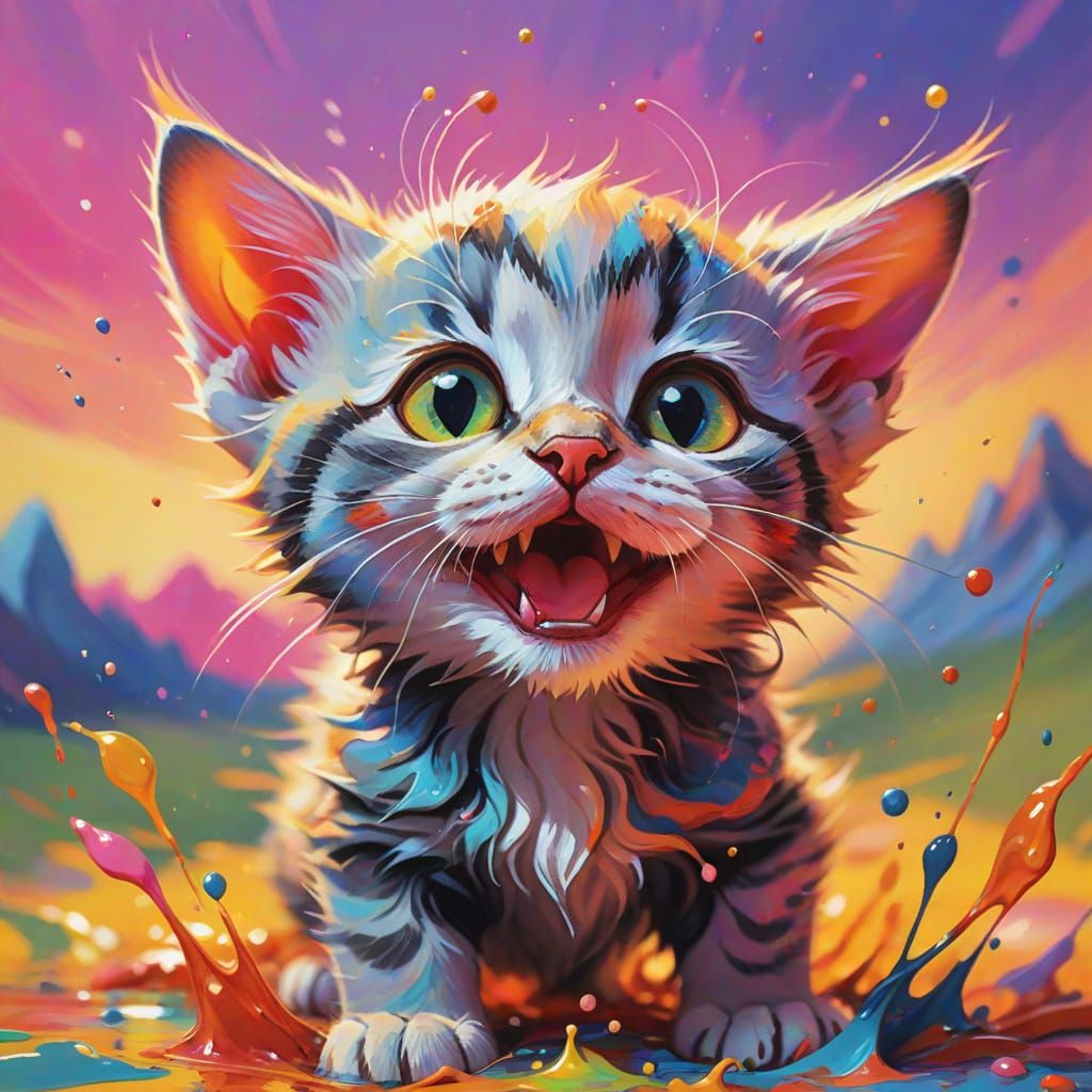 Happy Kitten Close-Up in Oil Gouache Style