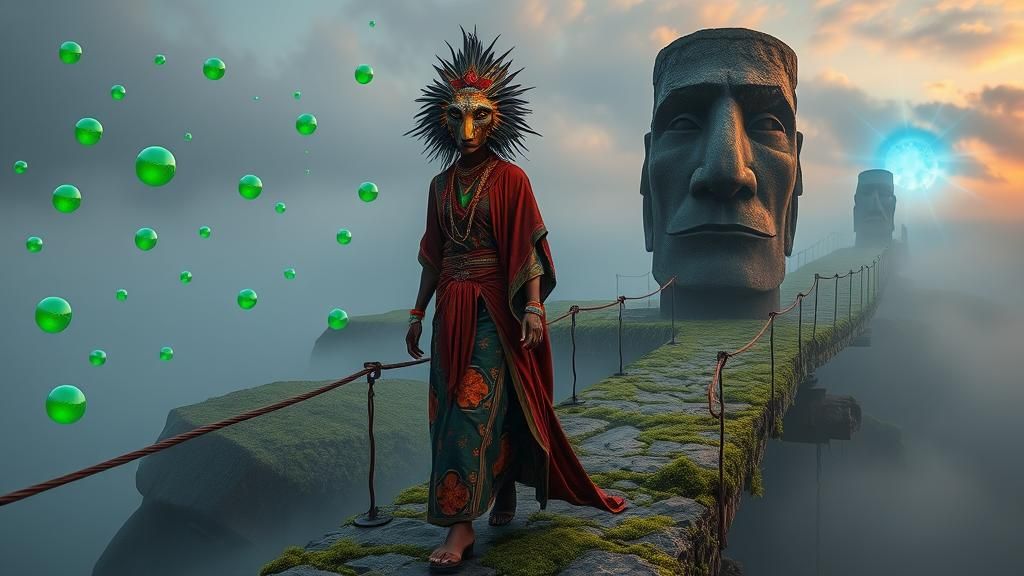 Mystical Duo Crossing Bridge in Surreal Twilight