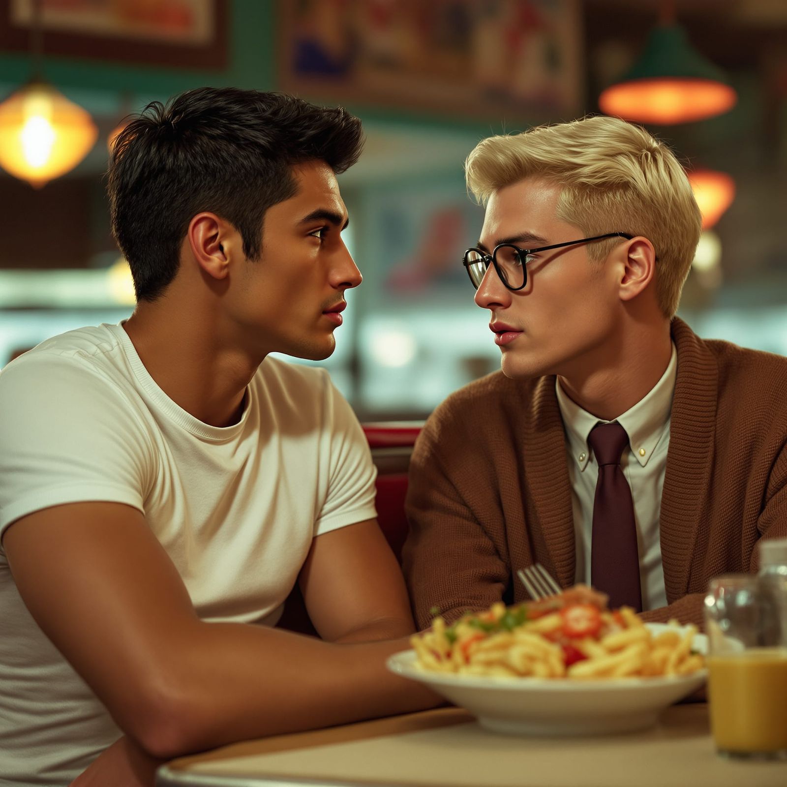 1950s Diner Scene: Two Men Gazing Over Food