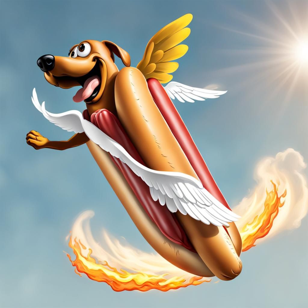 Flying Hot Dog with Wings Cartoon Illustration