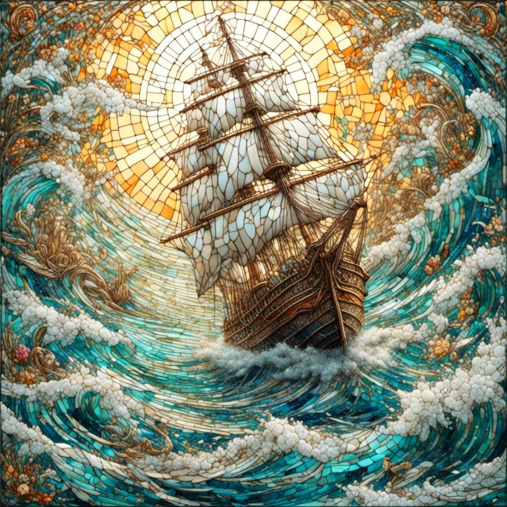 Tiffany Stained Glass Mosaic of Sailboat