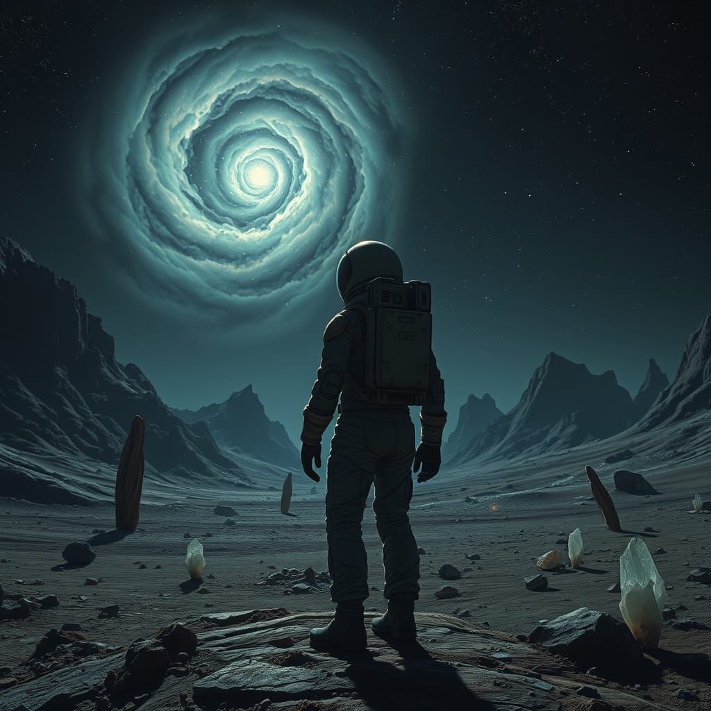 Astronaut Gazes at Nebula on Alien Planet