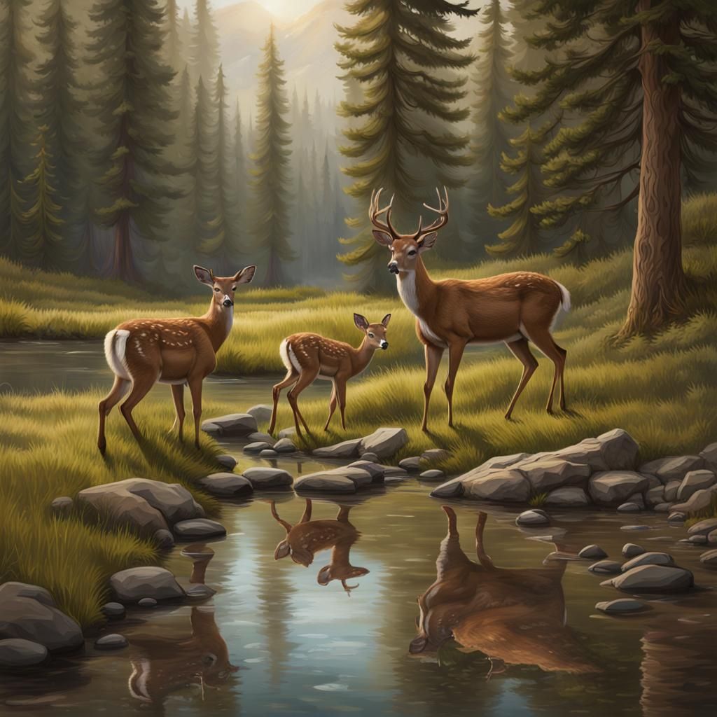 Deer Family Crossing Stream: Landscape Photography