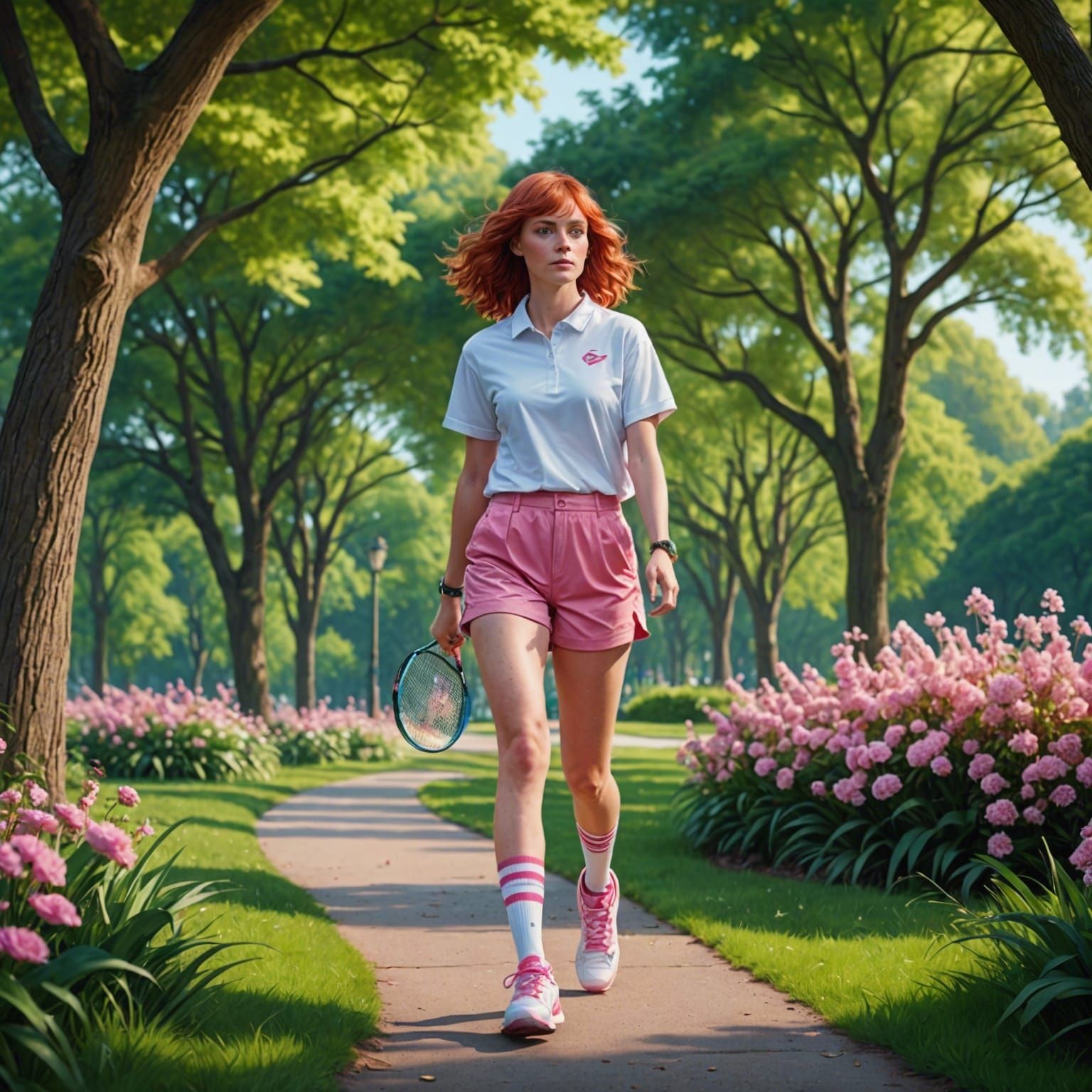 Woman with Red Hair Walking in Park