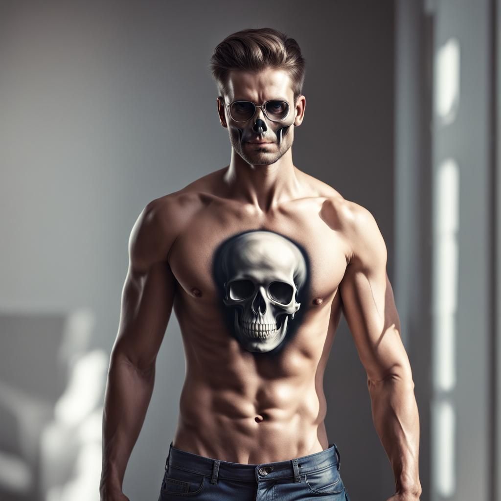 Photorealistic Image of Shirtless Man with Skull Face