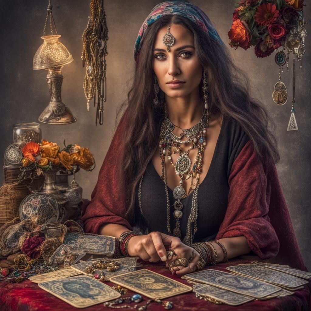 Gypsy Woman Holding Tarot Cards