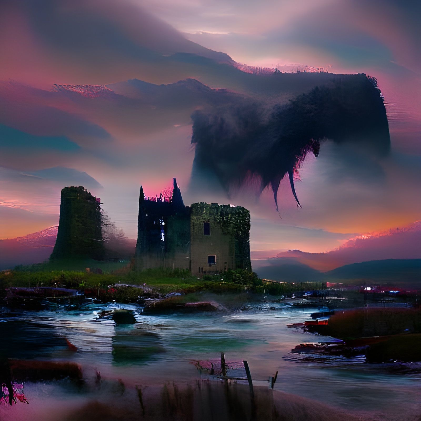 Sinister Ruined Castle: Dark Fantasy Art