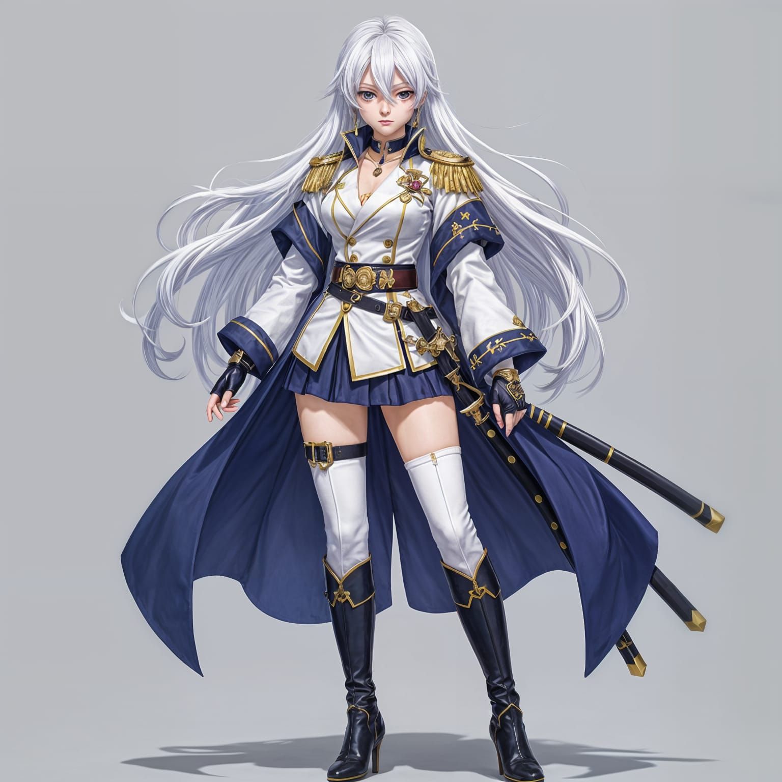 Anime Female Admiral in White Uniform with Sword