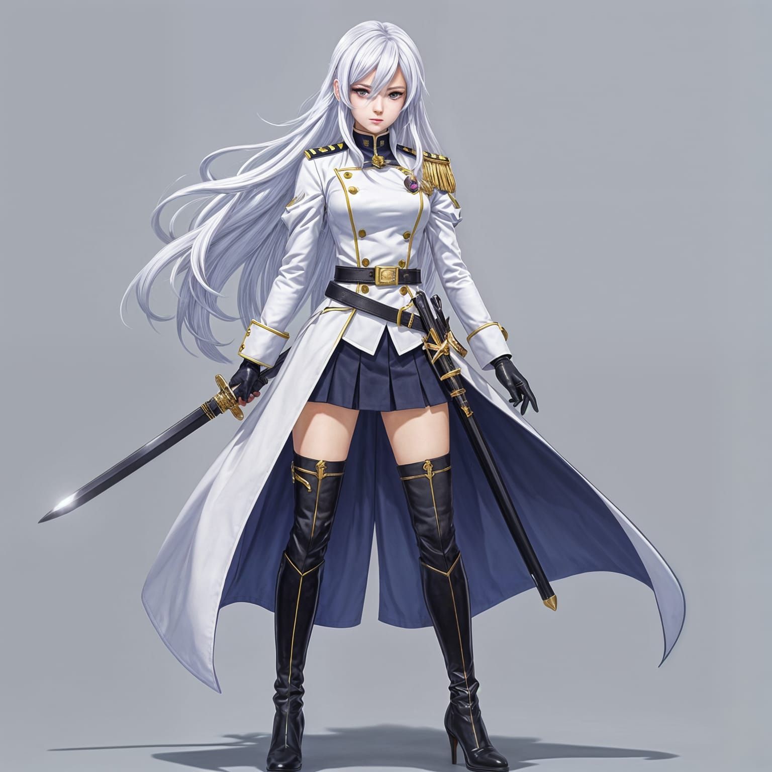 Anime Female Admiral in White Navy Uniform with Sword