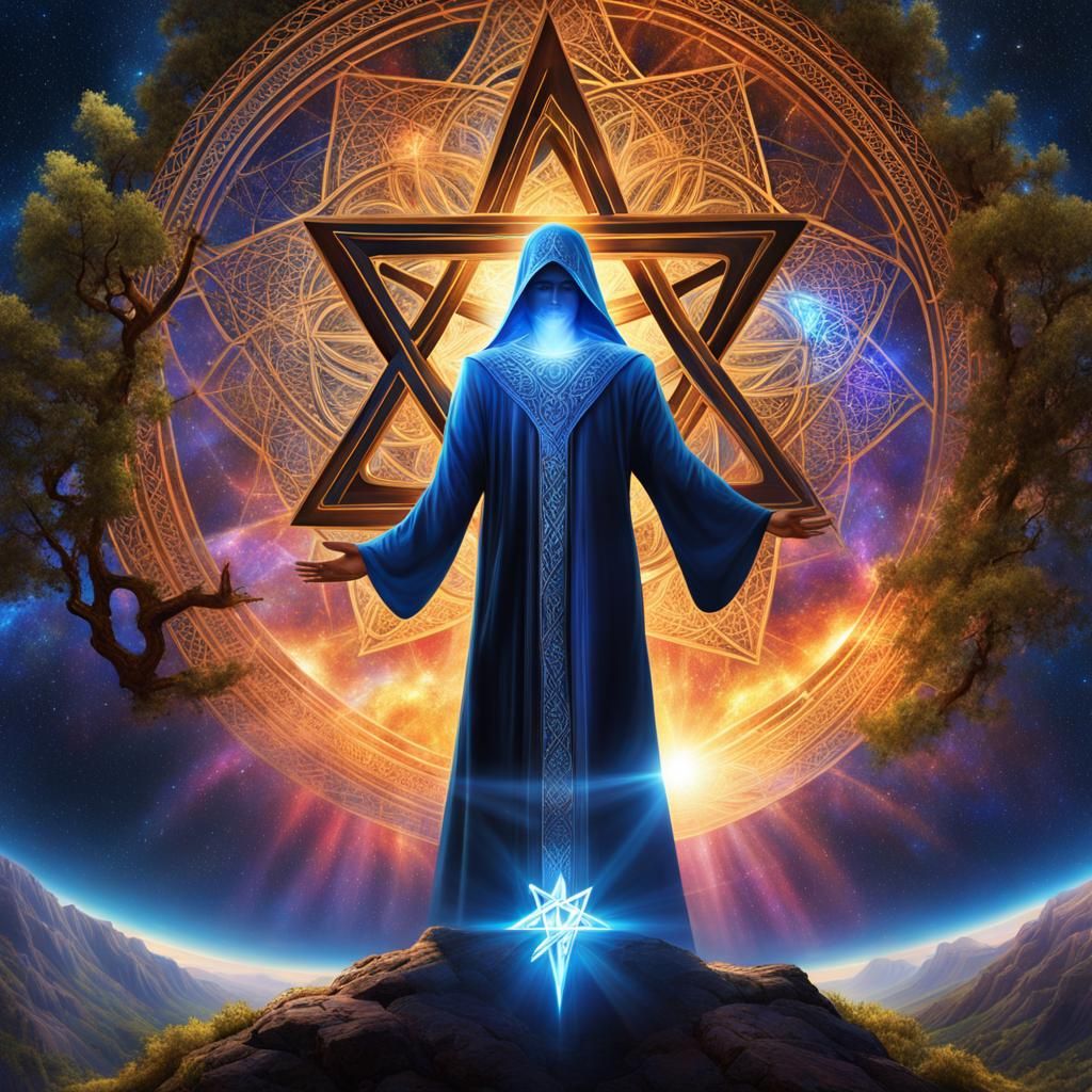 Mage Ascending the Tree of Life in Cosmic Illustration