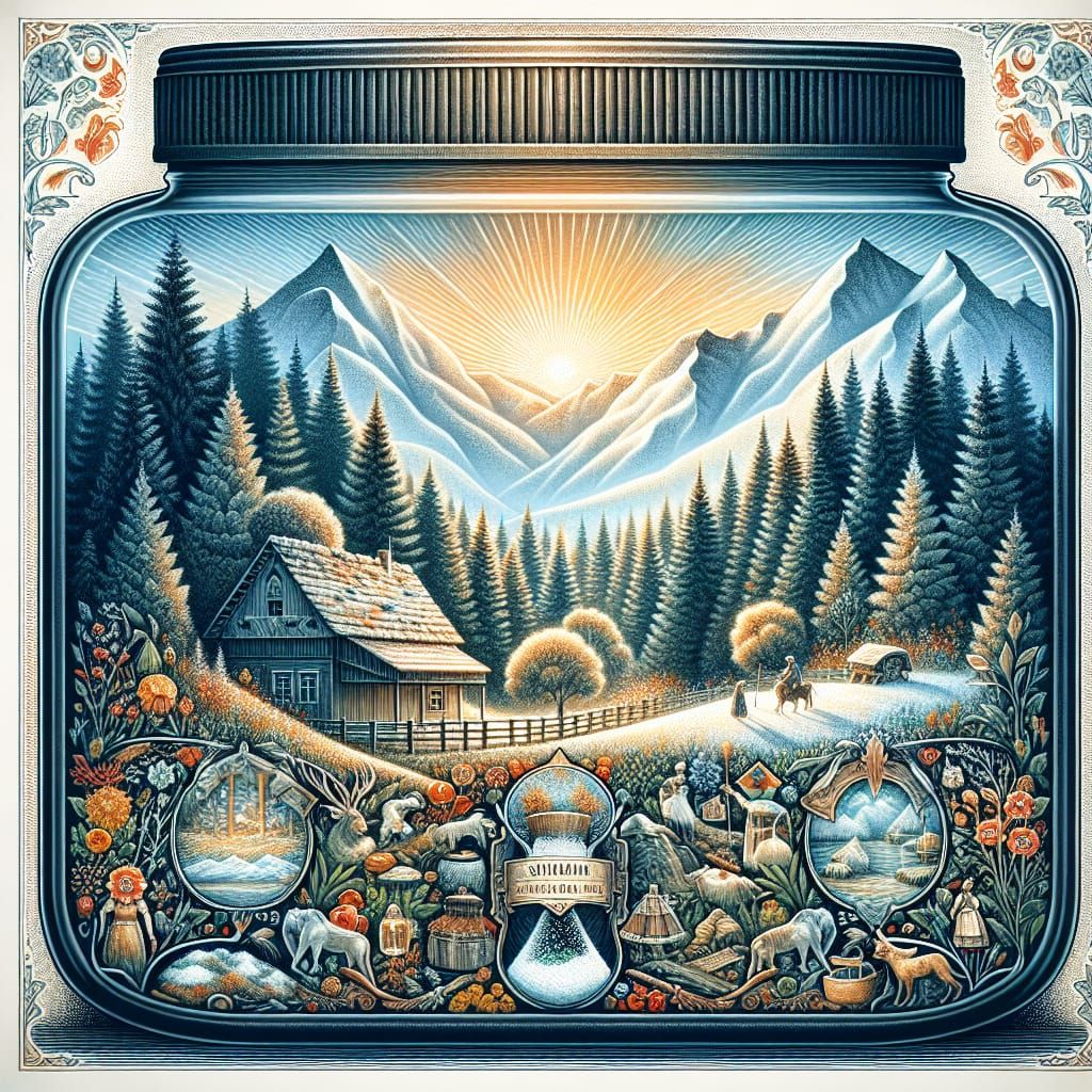 Mountain Salt Jar Label: Cosy High-Resolution Concept Art