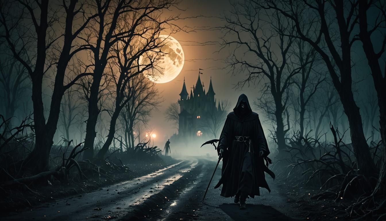 Grim Reaper on Misty Road: Dark Fantasy Photography