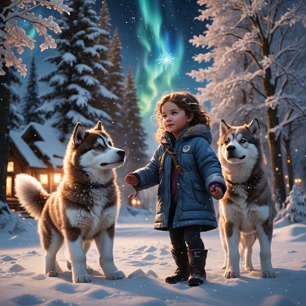 Angelic Girl and Husky Puppy in Winter Landscape