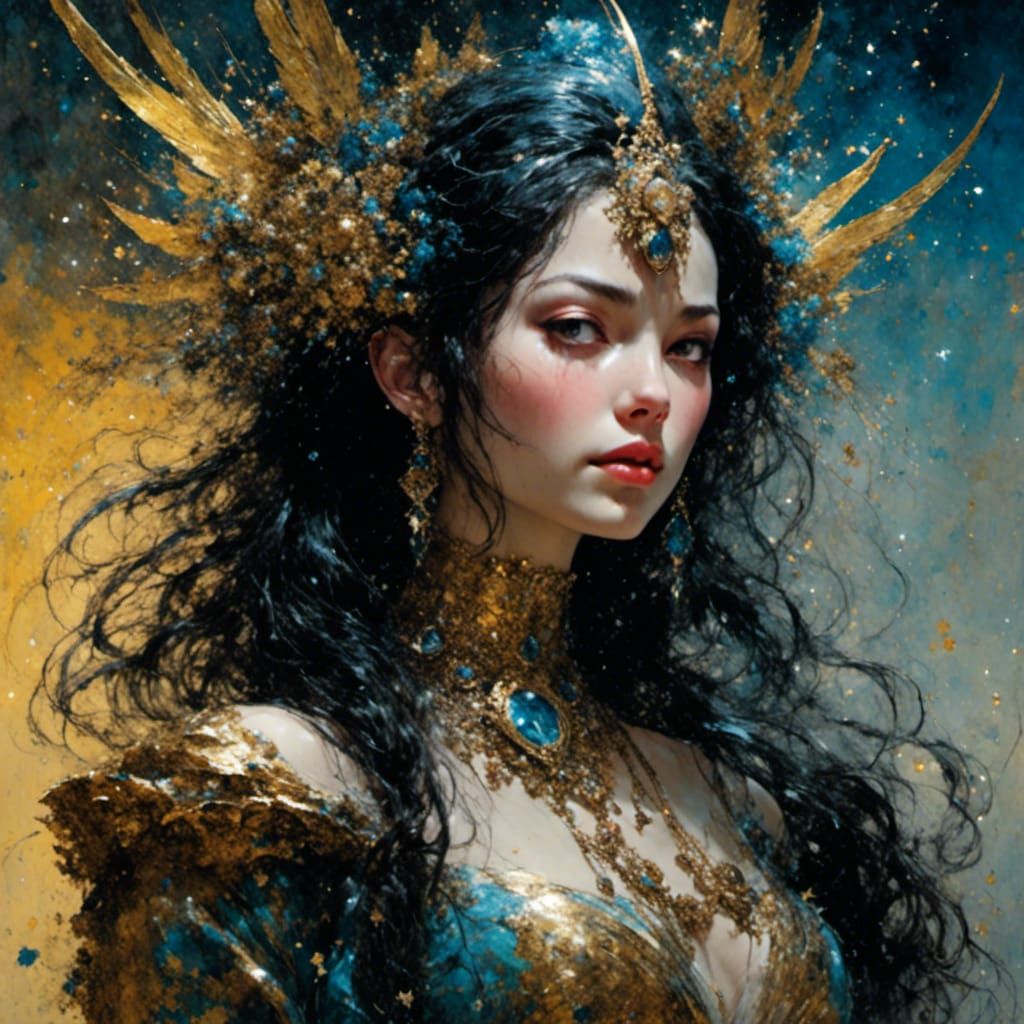 Enchantress Amidst Sparkling Stars in Hyperrealistic Photogr...