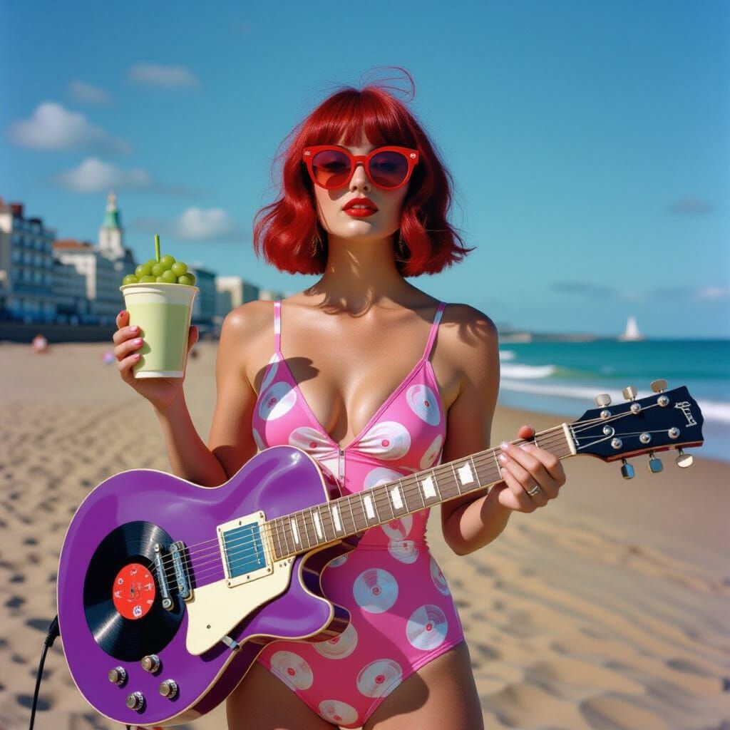 Brighton Beach Portrait with Pink Vinyl Swimsuit