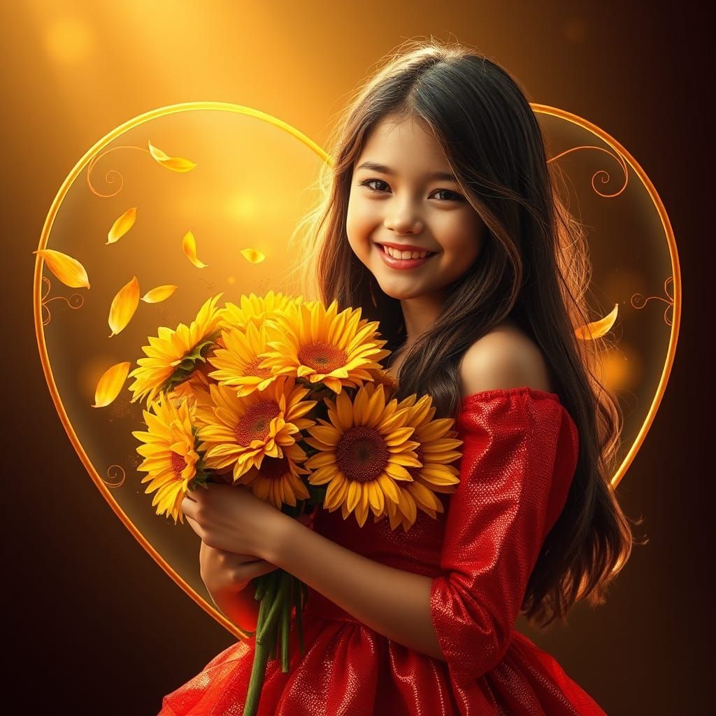 Radiant Girl with Sunflowers in Golden Heart Frame