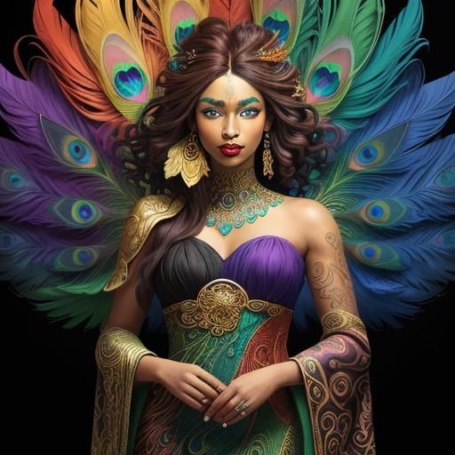Art Nouveau Portrait: Rainbow Woman with Peacock Hair