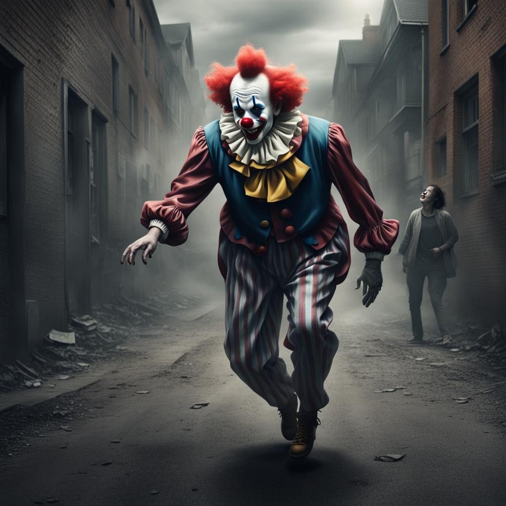 Chilling Clown Chasing People in Dark Artwork