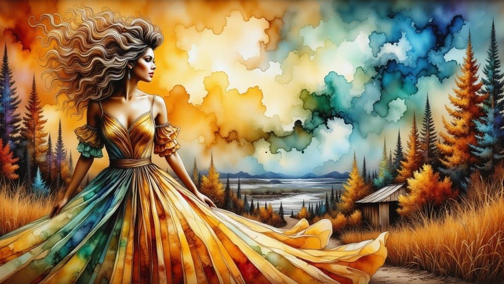 Elegant Woman in Surreal Space as Abstract Painting